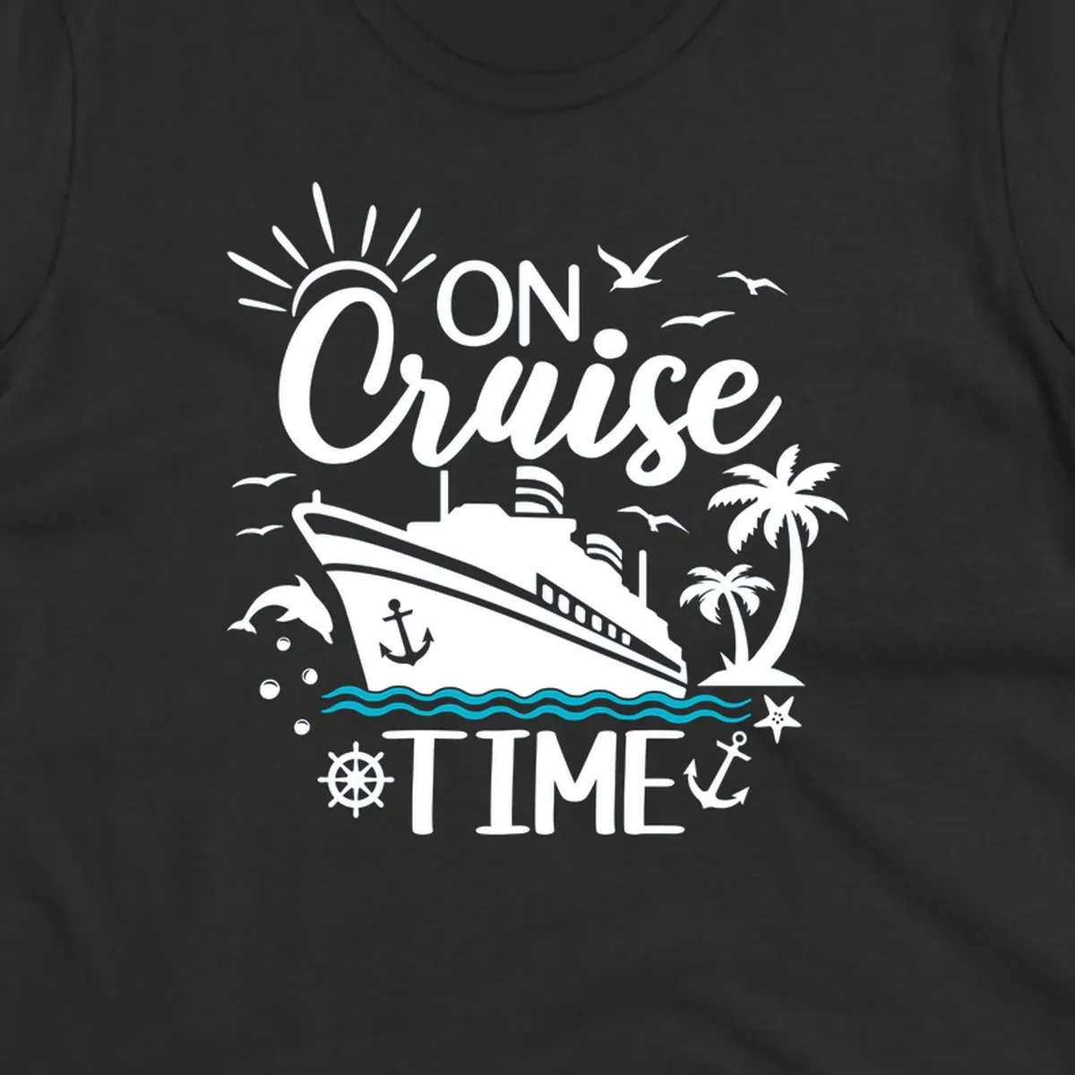 Nautical cruise vacation design with 'ON Cruise TIME' text, ship, palm trees, ocean waves, and maritime symbols on gray background.