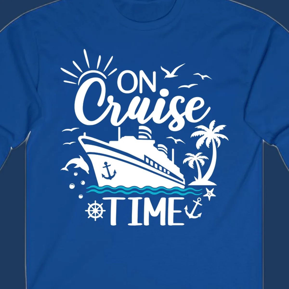Nautical cruise vacation design with 'ON Cruise TIME' text, ship, palm trees, ocean waves, and maritime symbols on gray background.