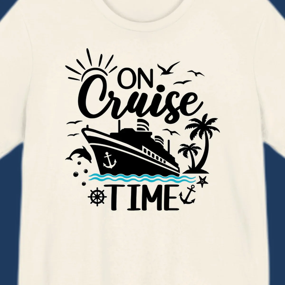 Nautical cruise vacation design with 'ON Cruise TIME' text, ship, palm trees, ocean waves, and maritime symbols on gray background.