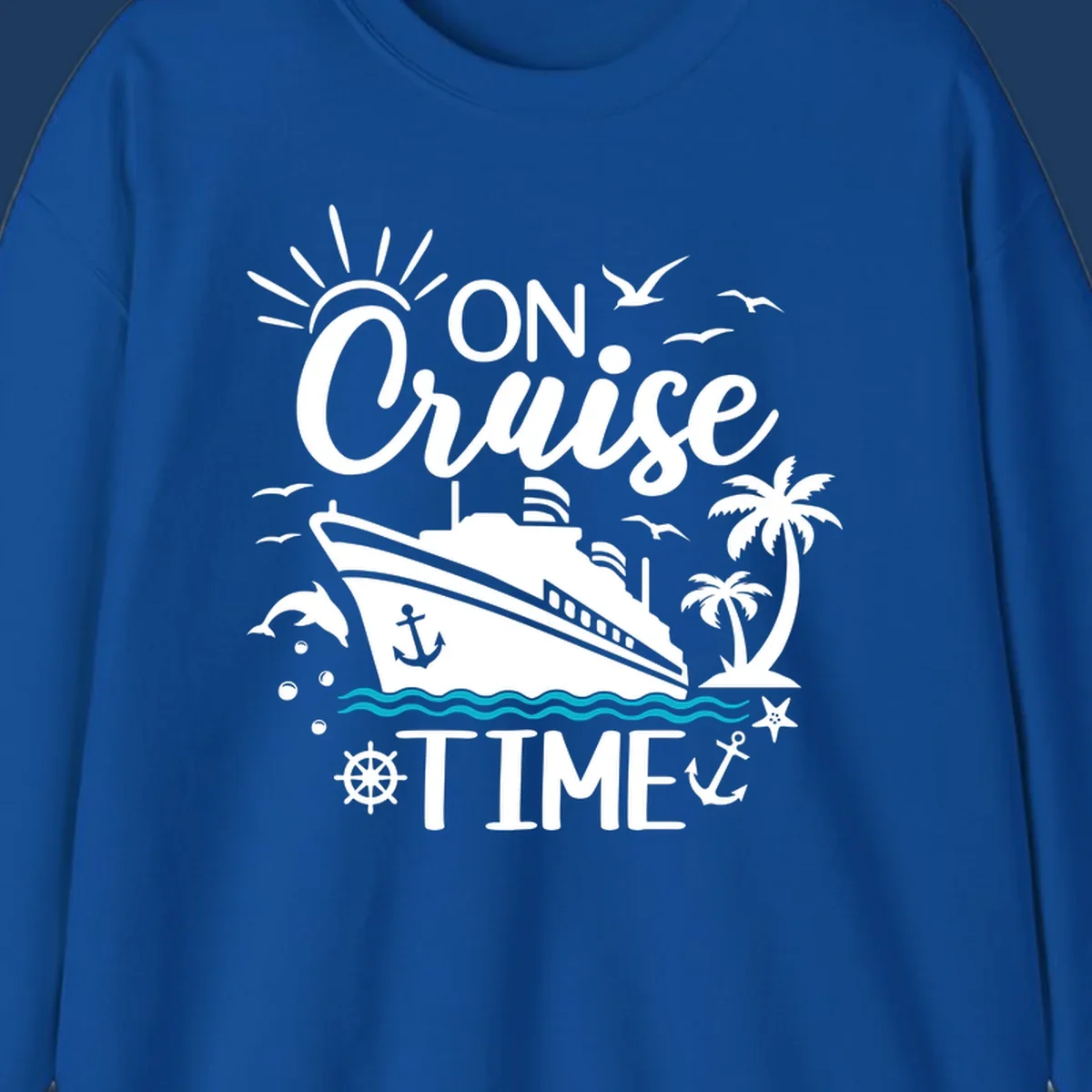Nautical cruise vacation design with 'ON Cruise TIME' text, ship, palm trees, ocean waves, and maritime symbols on gray background.