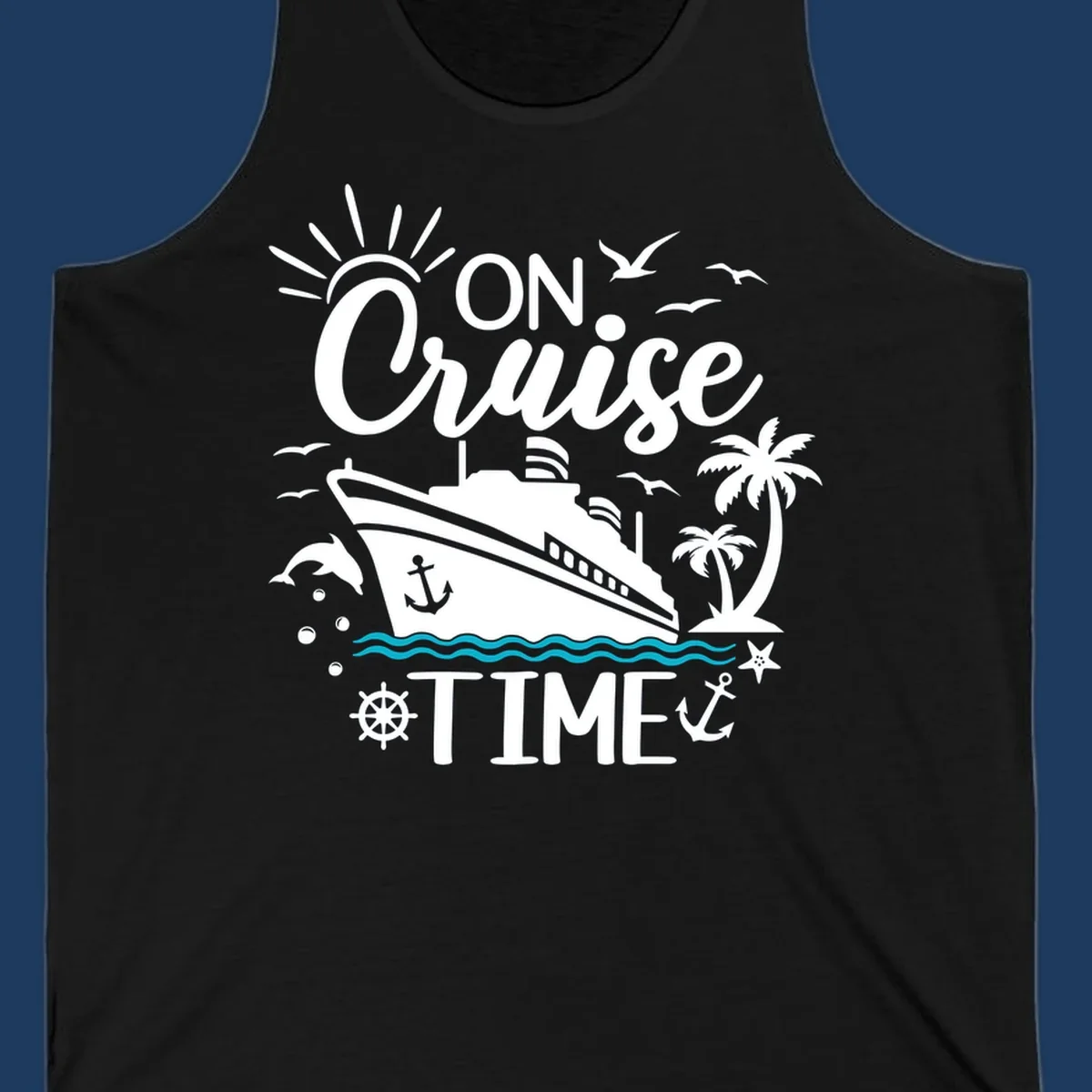 Nautical cruise vacation design with 'ON Cruise TIME' text, ship, palm trees, ocean waves, and maritime symbols on gray background.