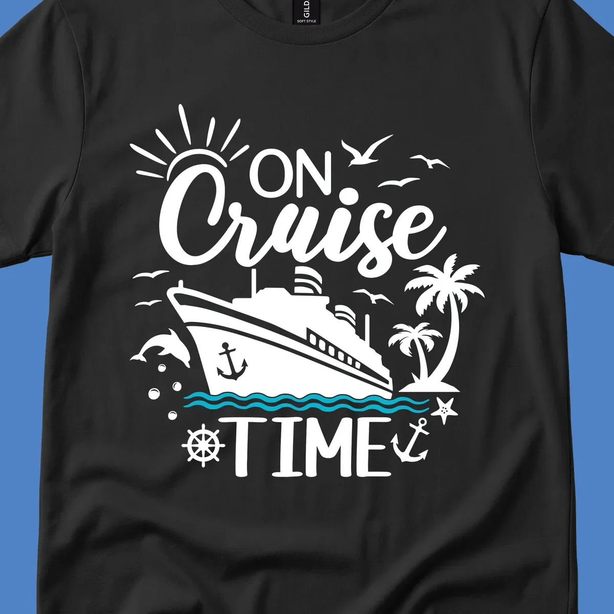 Nautical cruise vacation design with 'ON Cruise TIME' text, ship, palm trees, ocean waves, and maritime symbols on gray background.