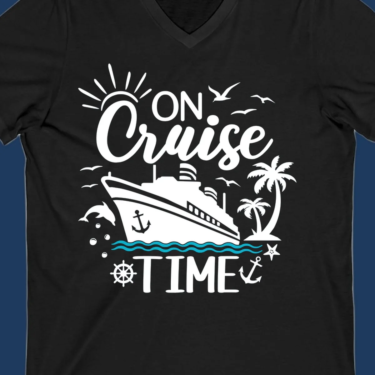 Nautical cruise vacation design with 'ON Cruise TIME' text, ship, palm trees, ocean waves, and maritime symbols on gray background.