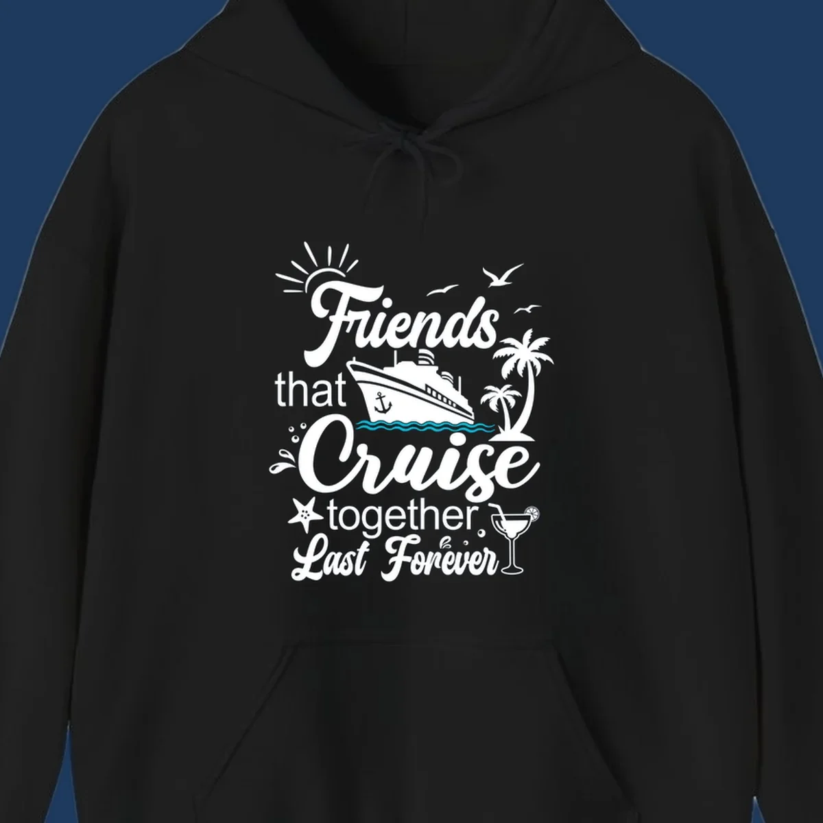 Friends cruise together forever design with ship, palm trees, seagulls, and tropical elements on gray background