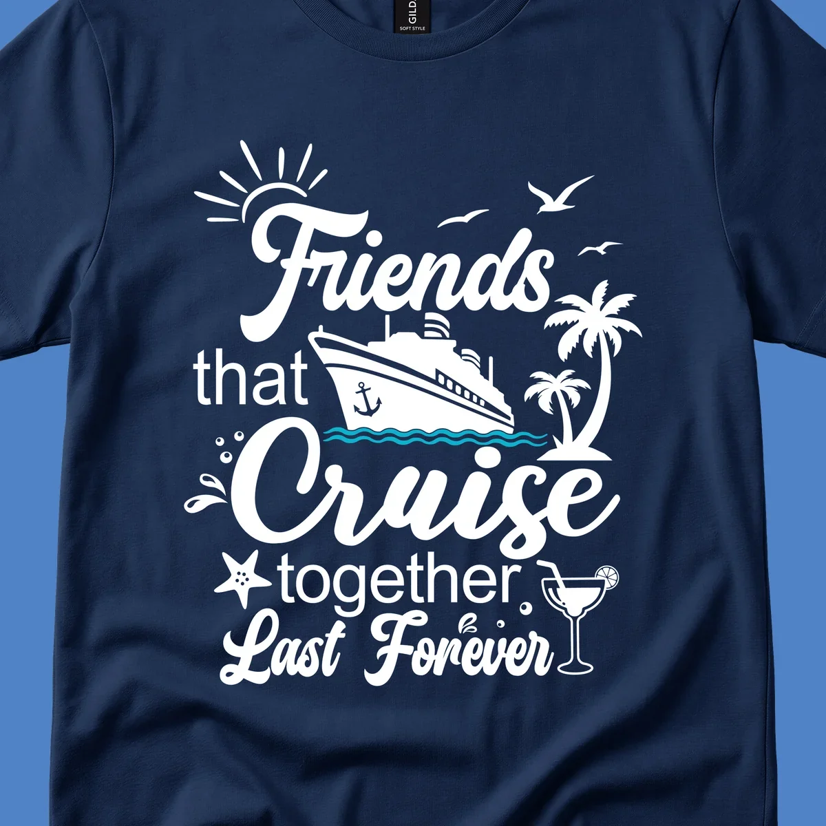Friends cruise together forever design with ship, palm trees, seagulls, and tropical elements on gray background
