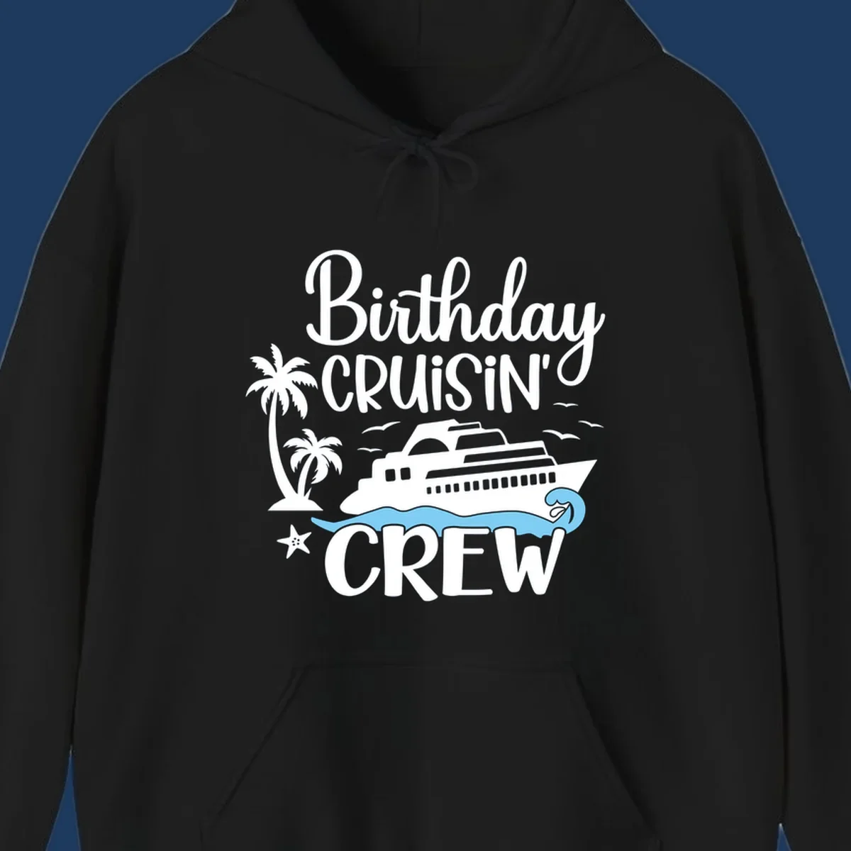 Birthday Cruisin' Crew design with cruise ship, palm trees, waves, and seagulls on gray background