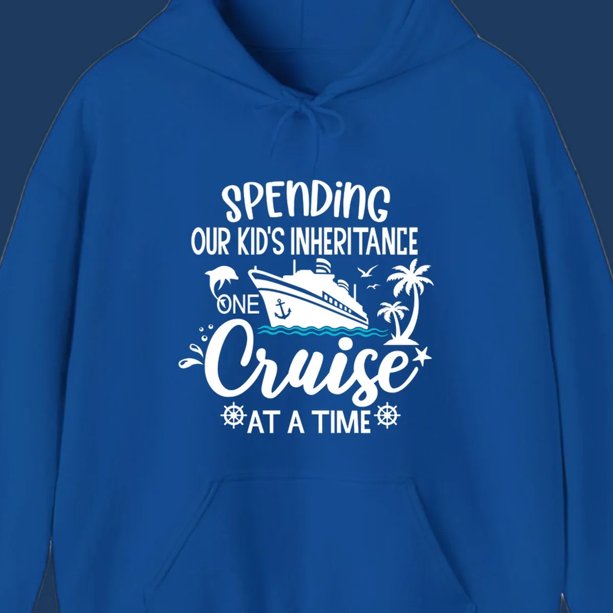 Humorous cruise ship design with text reading spending our kid's inheritance one cruise at a time, featuring nautical elements and tropical imagery