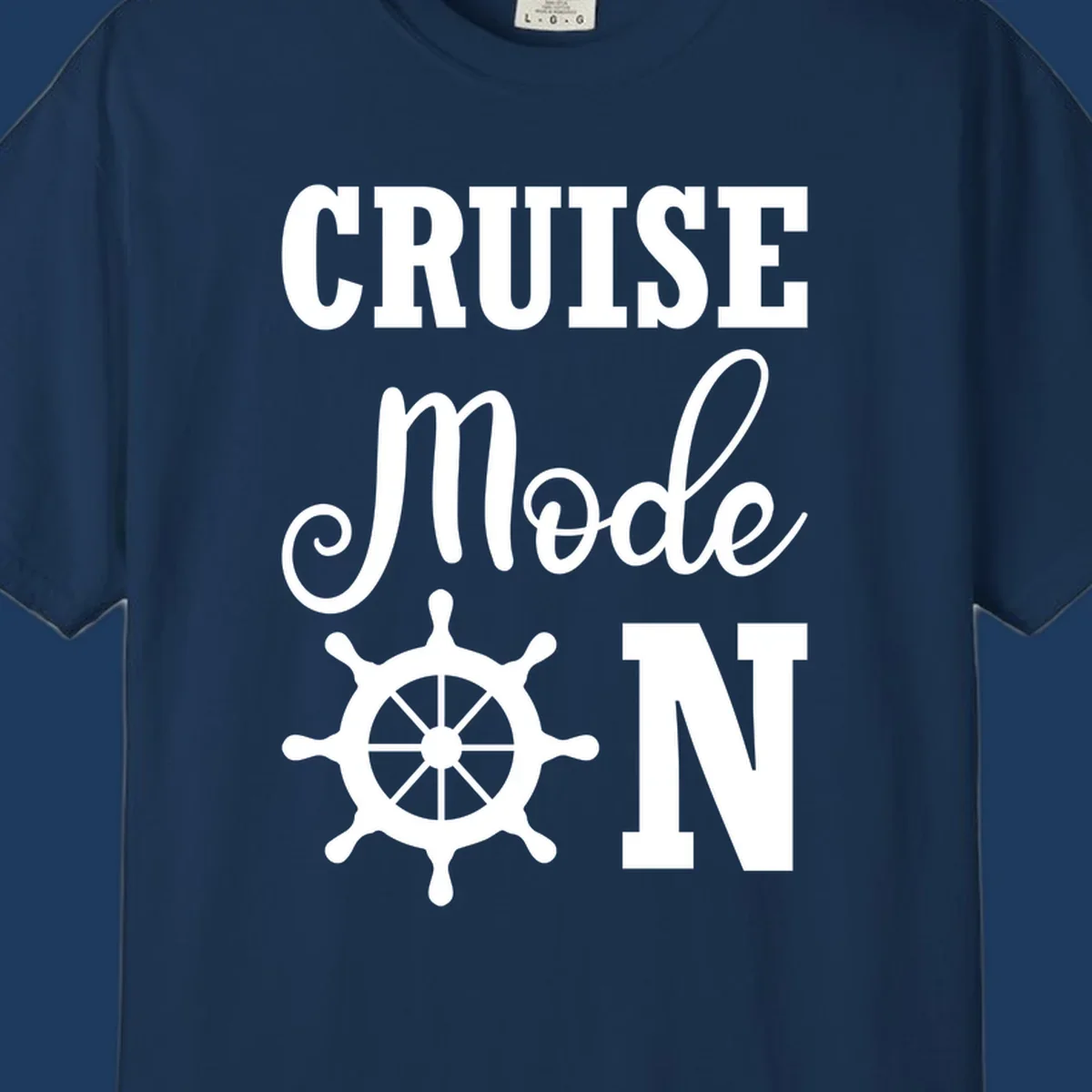 Cruise mode ship wheel design featuring white ship wheel and bold text on gray background
