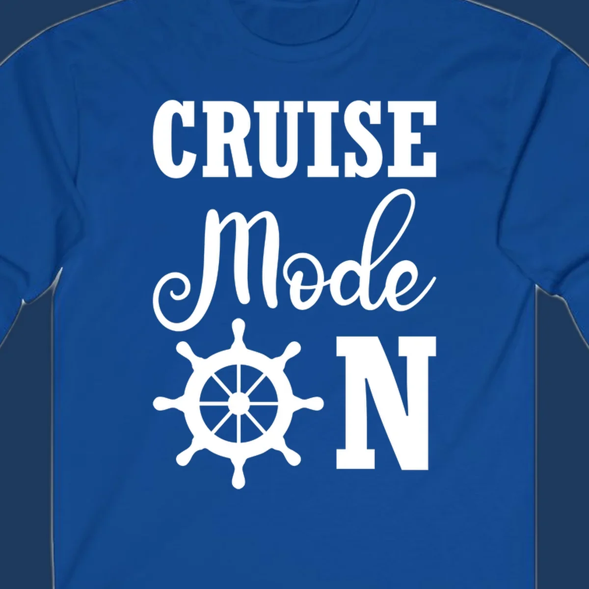 Cruise mode ship wheel design featuring white ship wheel and bold text on gray background