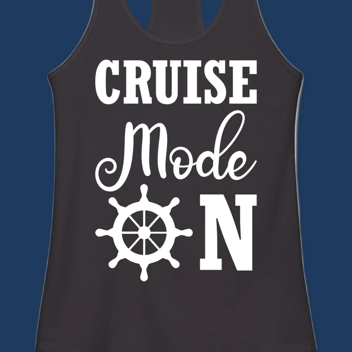 Cruise mode ship wheel design featuring white ship wheel and bold text on gray background