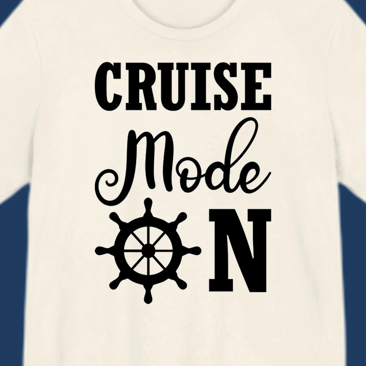 Cruise mode ship wheel design featuring white ship wheel and bold text on gray background