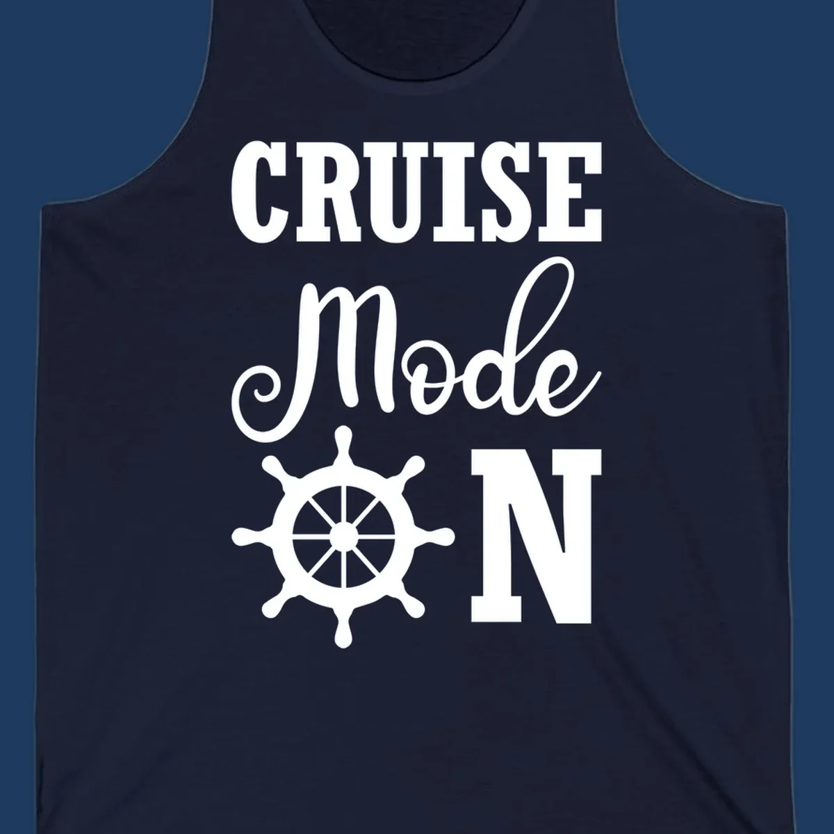 Cruise mode ship wheel design featuring white ship wheel and bold text on gray background