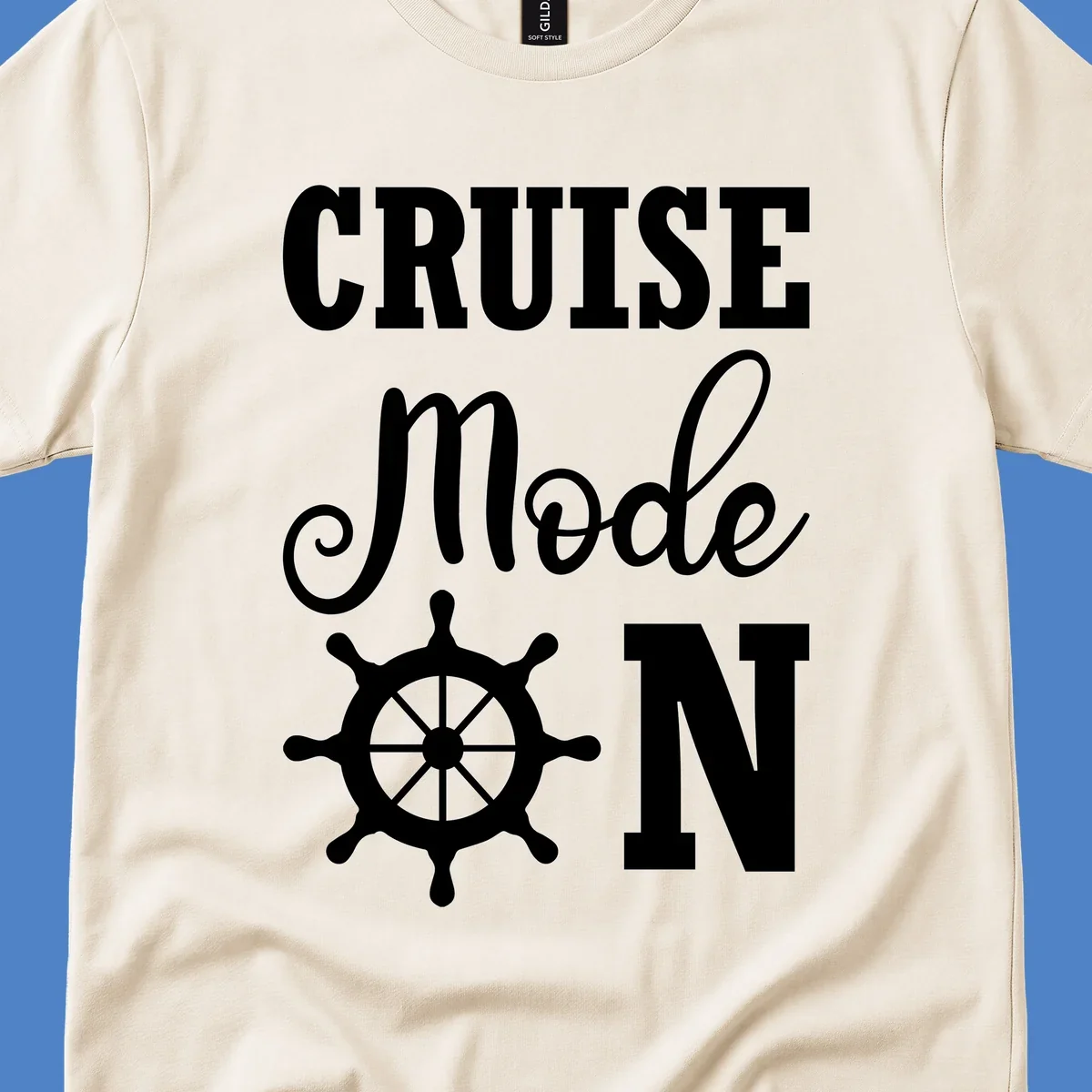 Cruise mode ship wheel design featuring white ship wheel and bold text on gray background