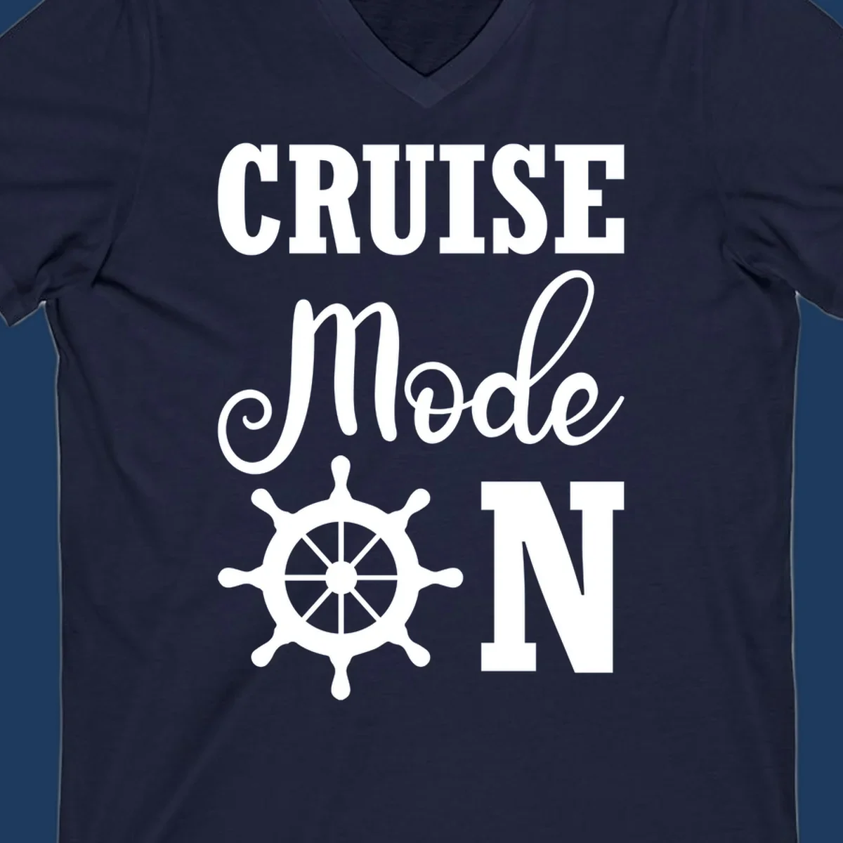 Cruise mode ship wheel design featuring white ship wheel and bold text on gray background