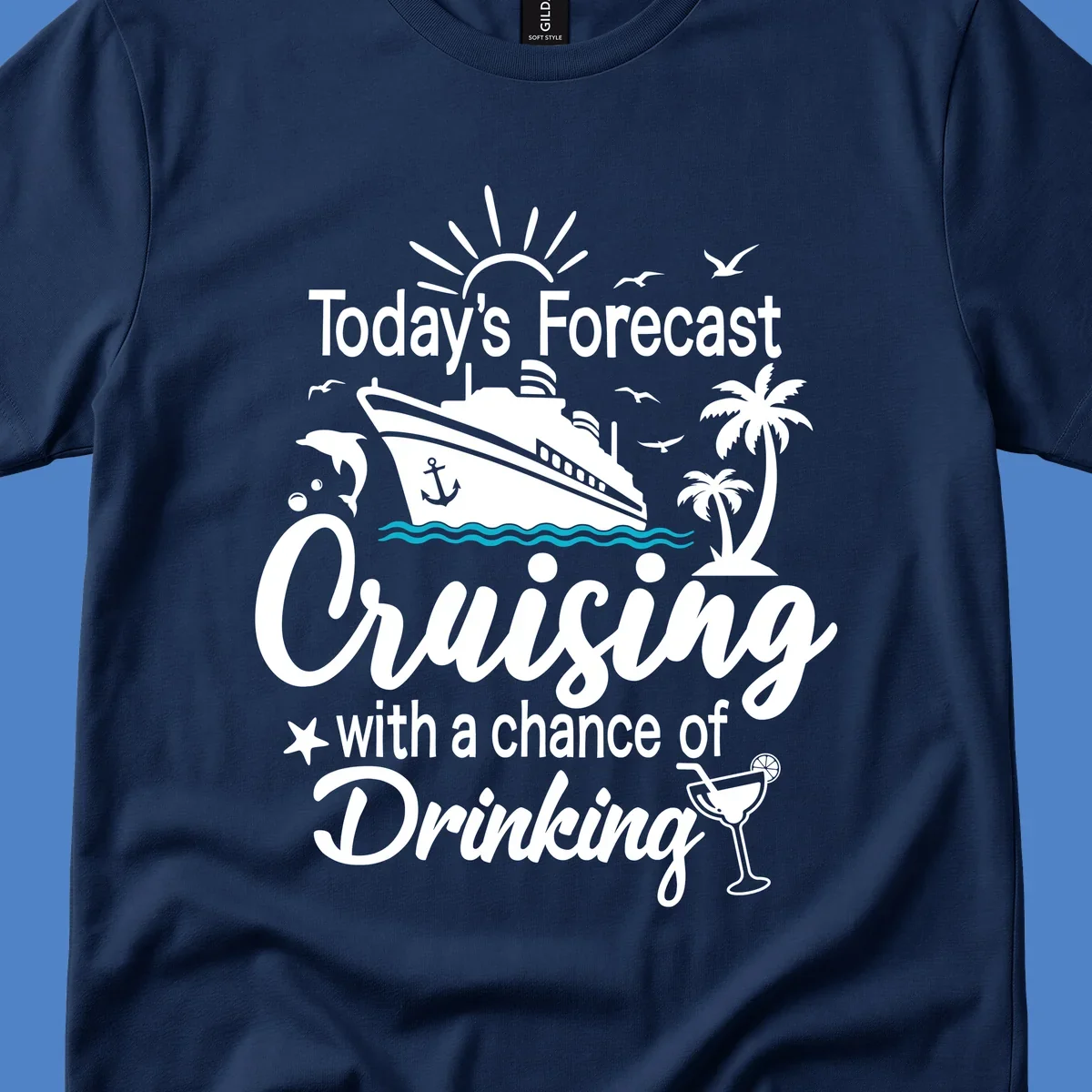 Forecast-cruising-drinking design with cruise ship, palm trees, seagulls, and cocktail graphic with humorous weather forecast text