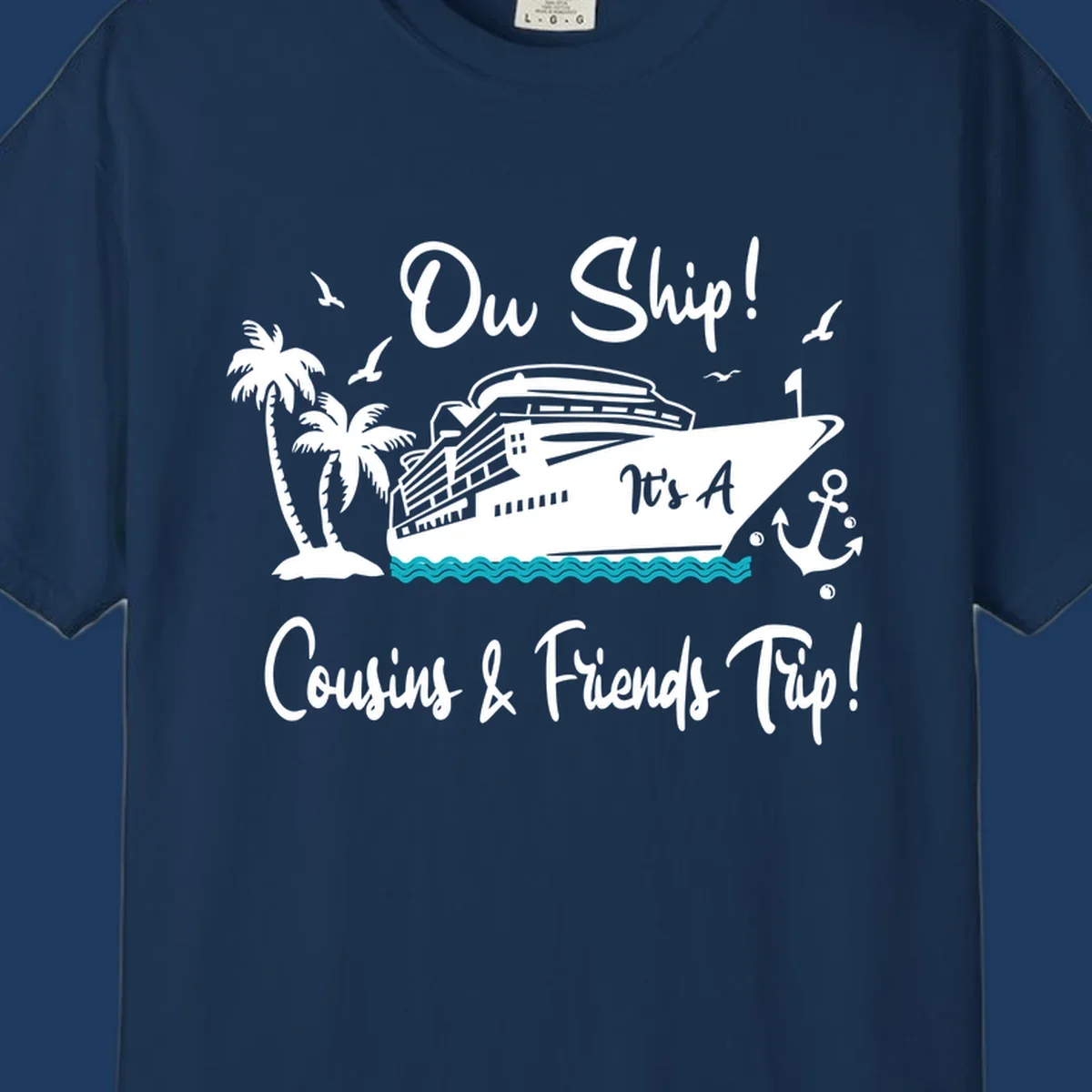 Ow ship cousins and friends trip design with cruise ship, palm tree, seagulls, anchor and ocean waves in white line art