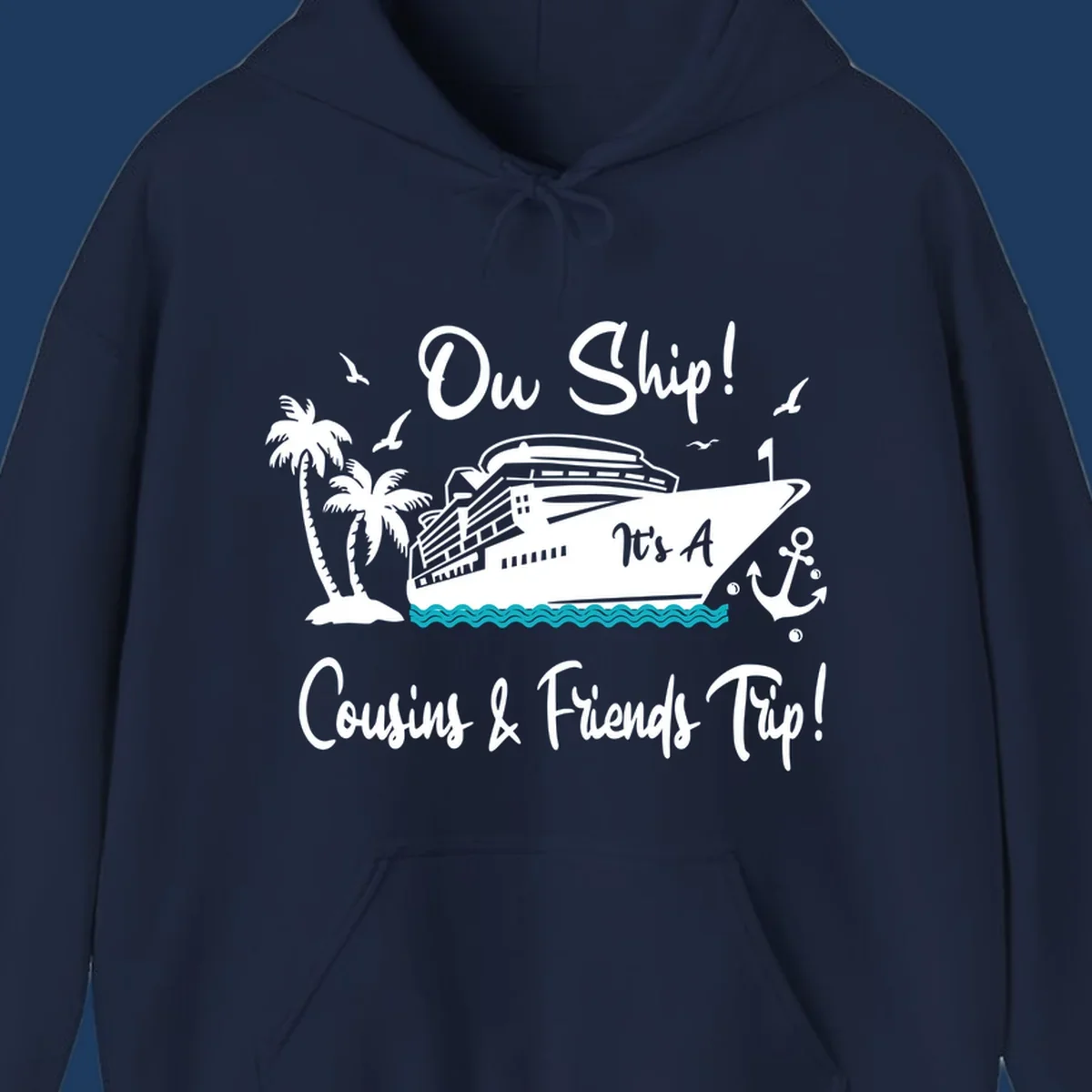 Ow ship cousins and friends trip design with cruise ship, palm tree, seagulls, anchor and ocean waves in white line art