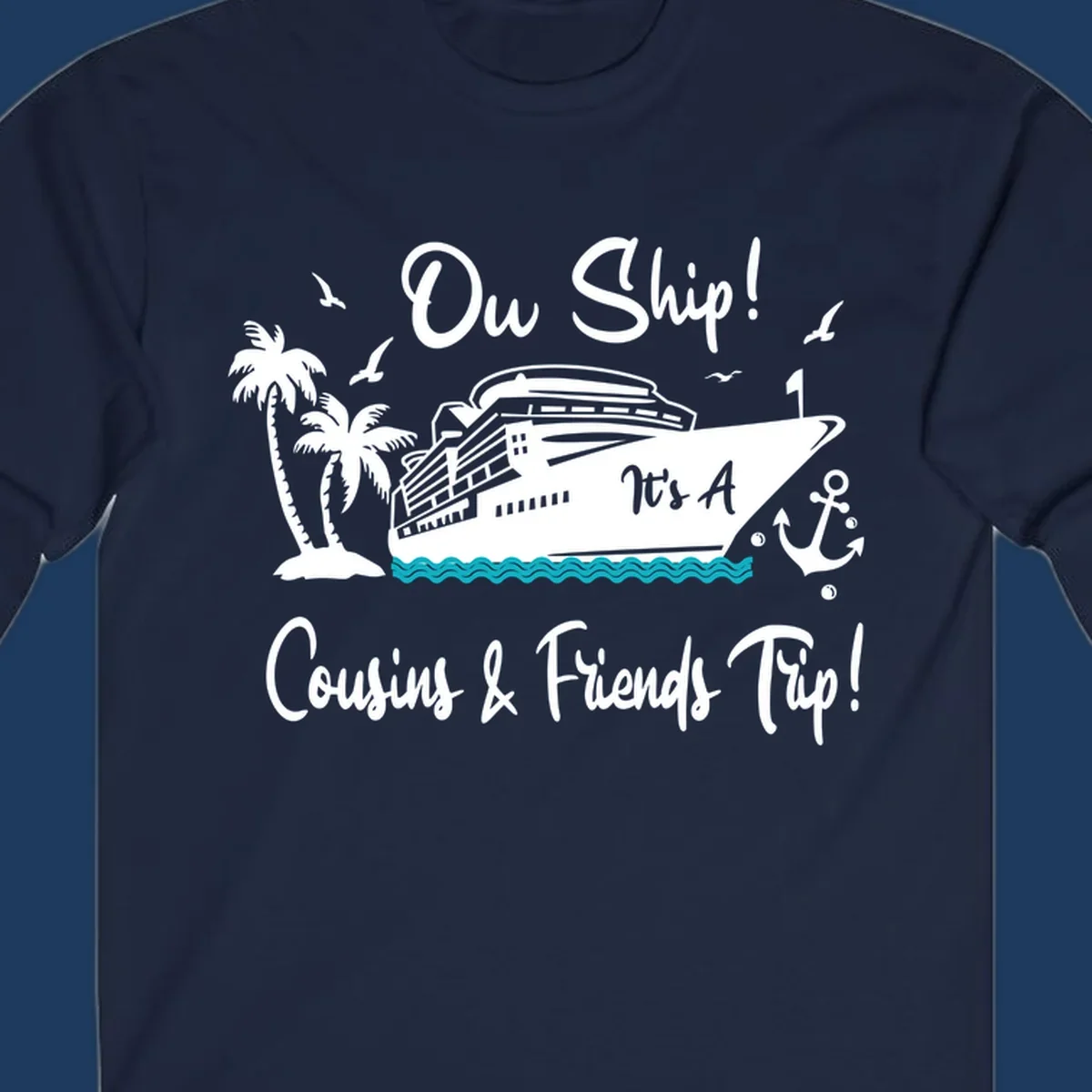 Ow ship cousins and friends trip design with cruise ship, palm tree, seagulls, anchor and ocean waves in white line art