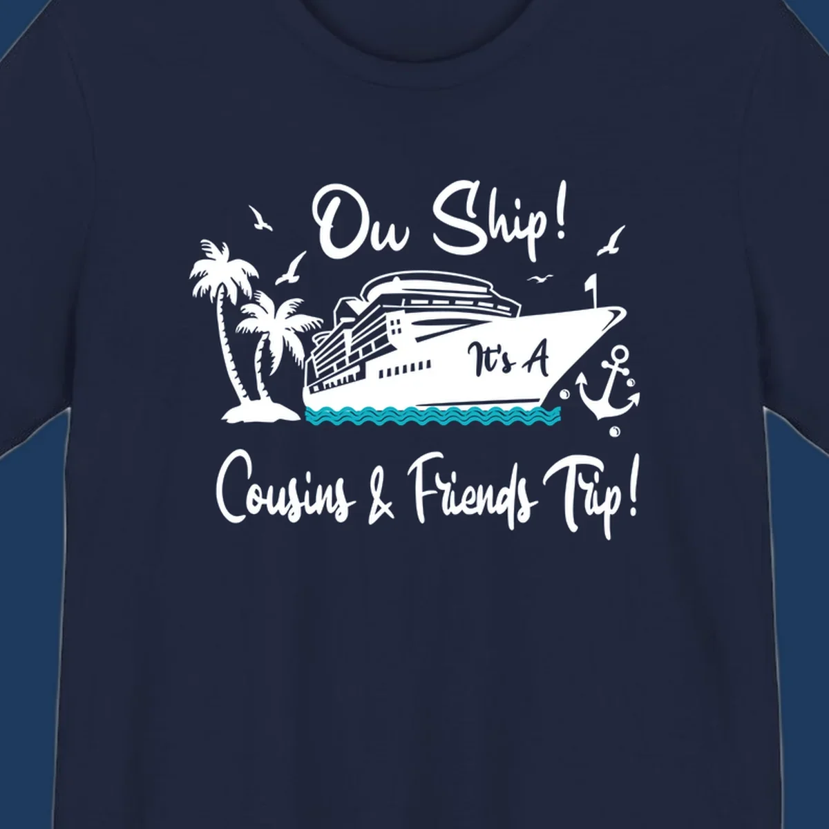 Ow ship cousins and friends trip design with cruise ship, palm tree, seagulls, anchor and ocean waves in white line art