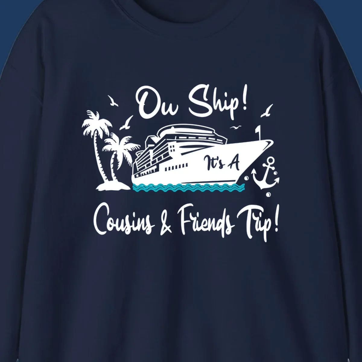 Ow ship cousins and friends trip design with cruise ship, palm tree, seagulls, anchor and ocean waves in white line art
