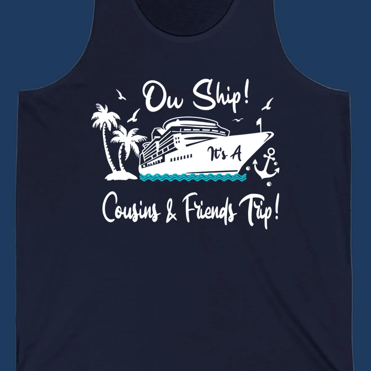Ow ship cousins and friends trip design with cruise ship, palm tree, seagulls, anchor and ocean waves in white line art