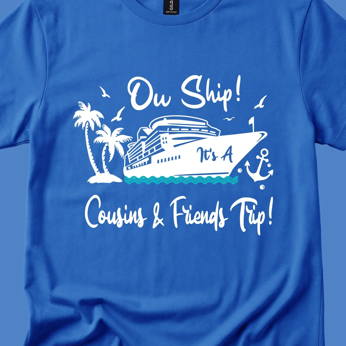 Ow ship cousins and friends trip design with cruise ship, palm tree, seagulls, anchor and ocean waves in white line art