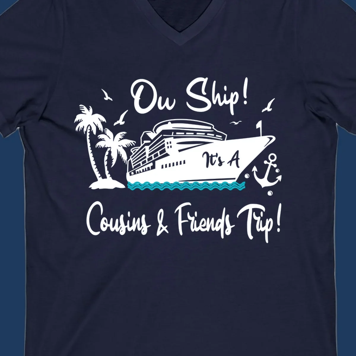 Ow ship cousins and friends trip design with cruise ship, palm tree, seagulls, anchor and ocean waves in white line art