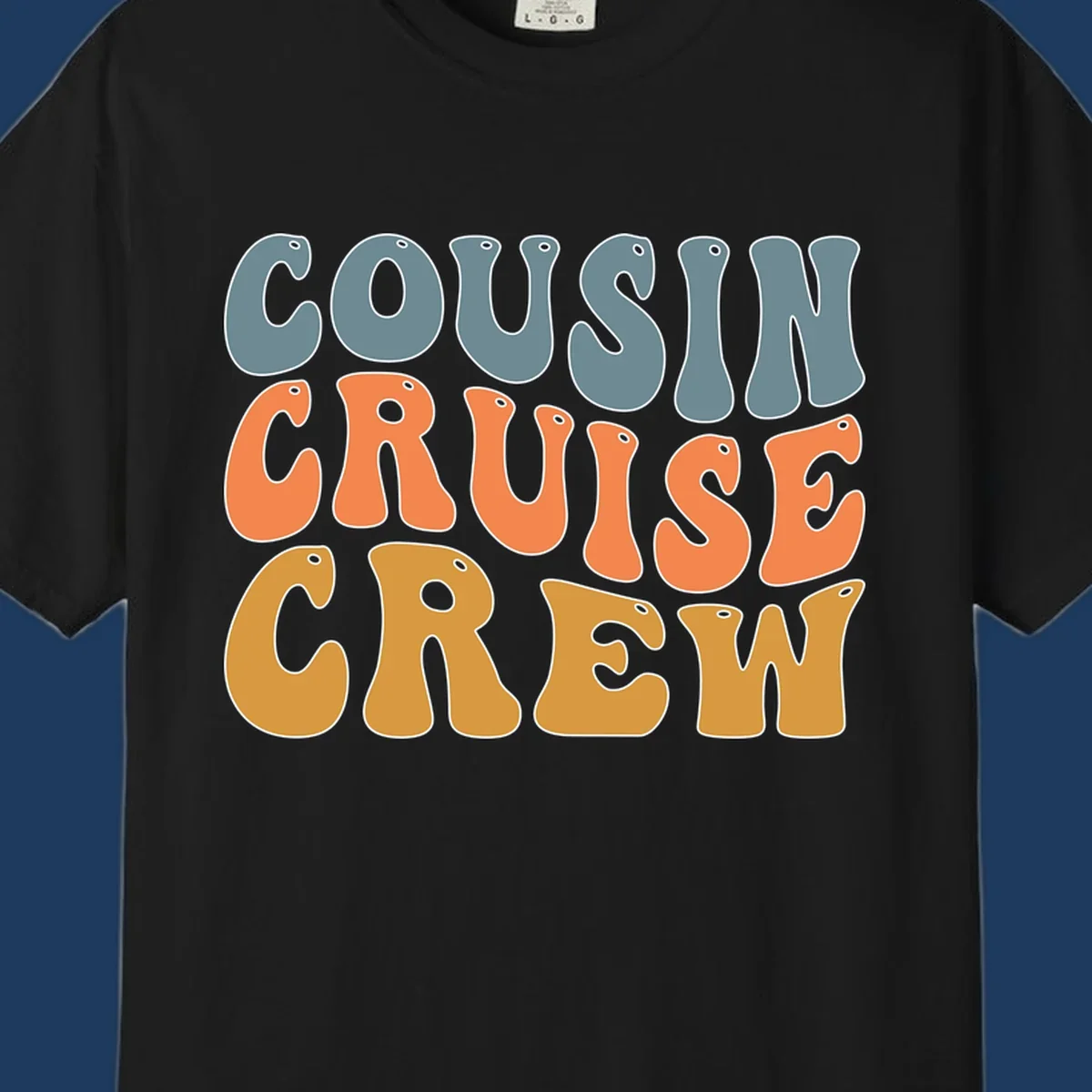 Colorful stacked text reading 'Cousin Cruise Crew' in teal, orange, and gold letters with nautical porthole details