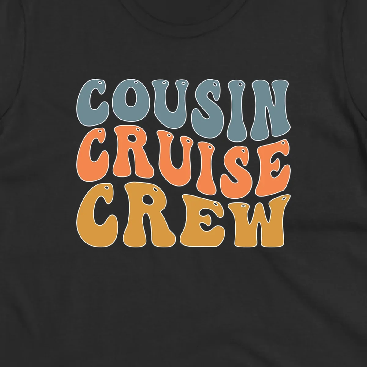 Colorful stacked text reading 'Cousin Cruise Crew' in teal, orange, and gold letters with nautical porthole details