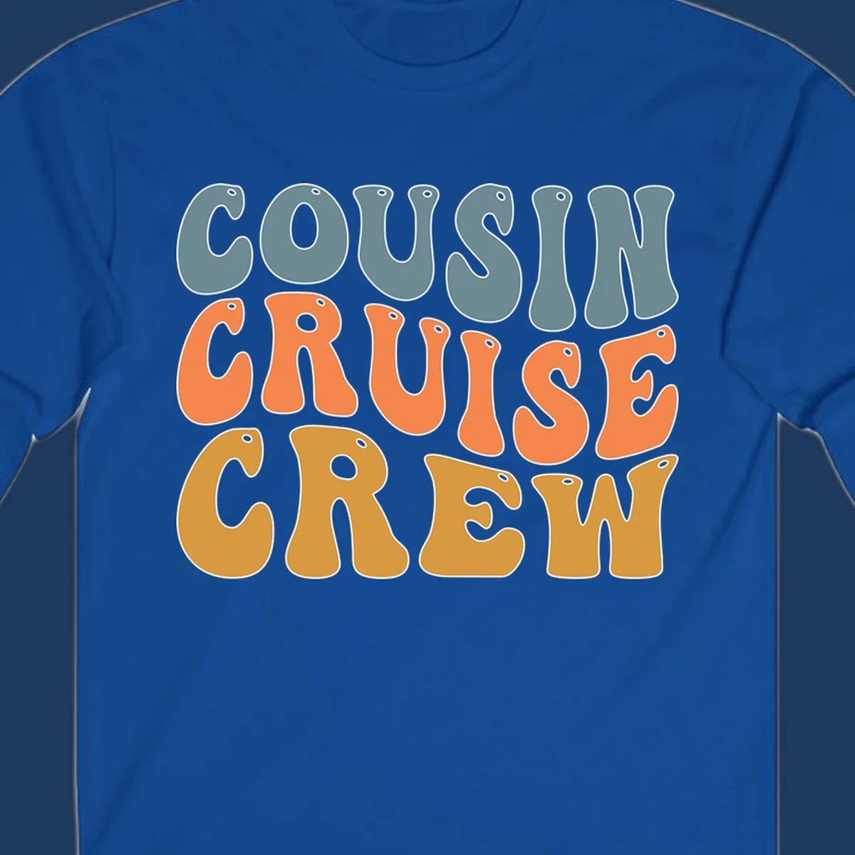 Colorful stacked text reading 'Cousin Cruise Crew' in teal, orange, and gold letters with nautical porthole details