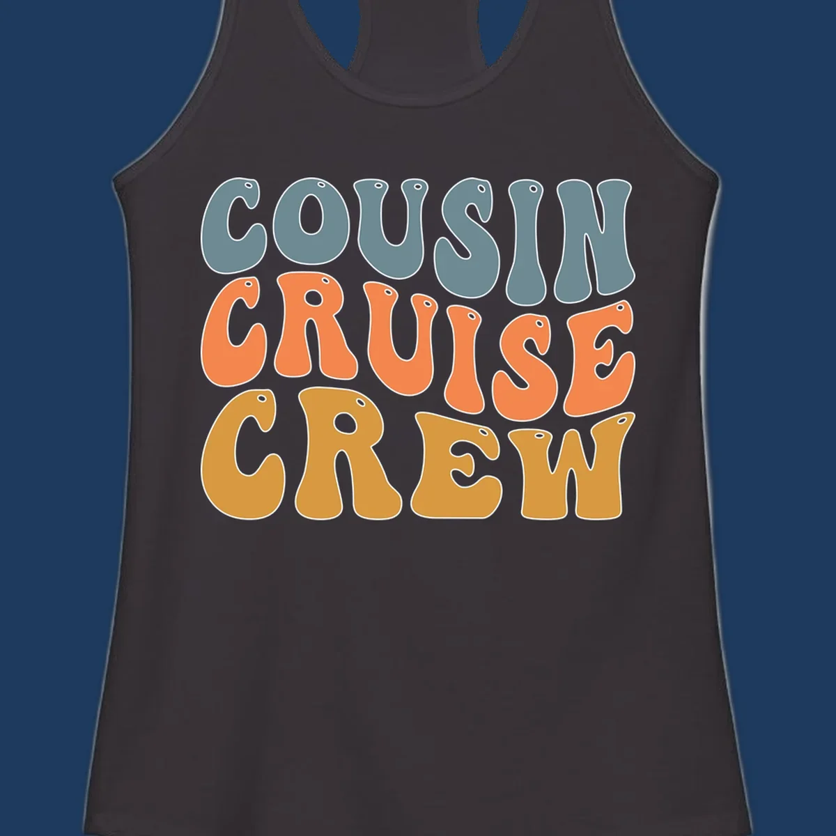 Colorful stacked text reading 'Cousin Cruise Crew' in teal, orange, and gold letters with nautical porthole details
