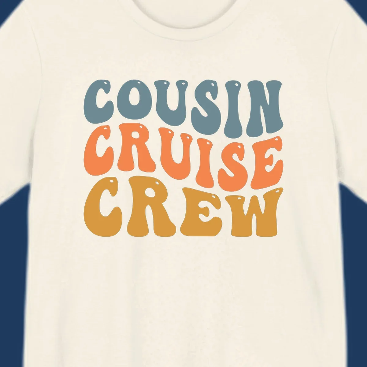 Colorful stacked text reading 'Cousin Cruise Crew' in teal, orange, and gold letters with nautical porthole details