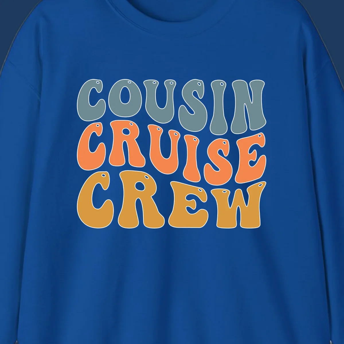 Colorful stacked text reading 'Cousin Cruise Crew' in teal, orange, and gold letters with nautical porthole details