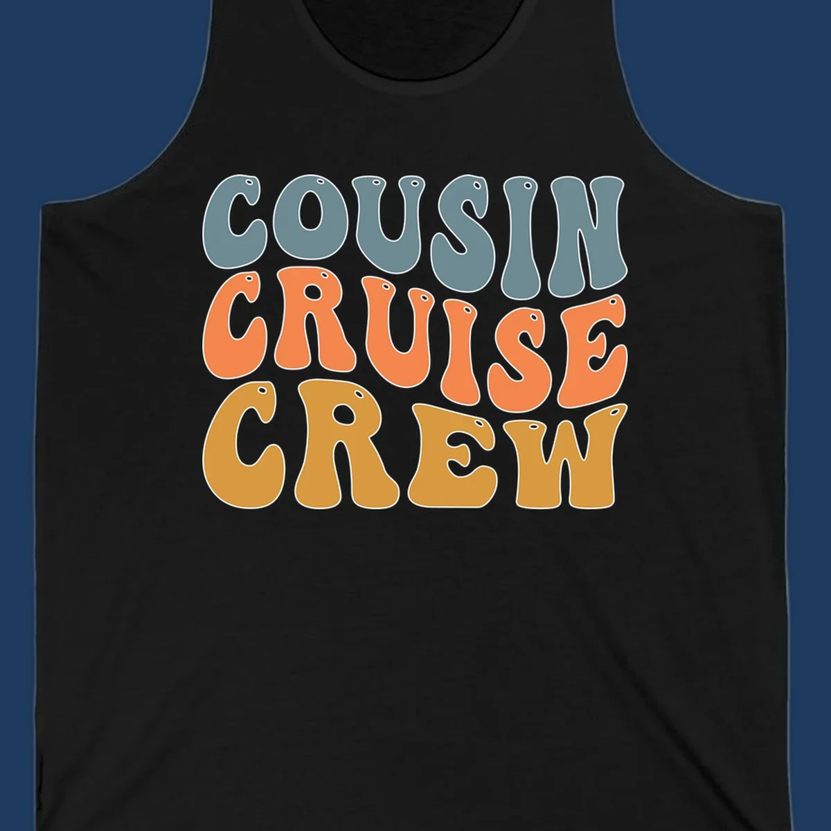 Colorful stacked text reading 'Cousin Cruise Crew' in teal, orange, and gold letters with nautical porthole details