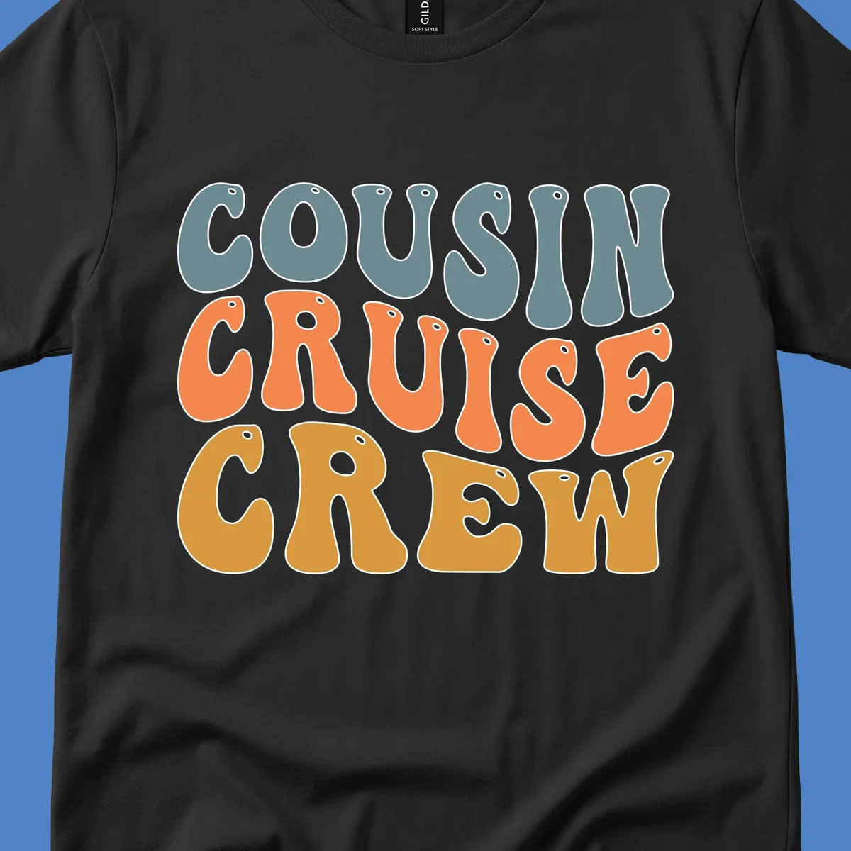 Colorful stacked text reading 'Cousin Cruise Crew' in teal, orange, and gold letters with nautical porthole details