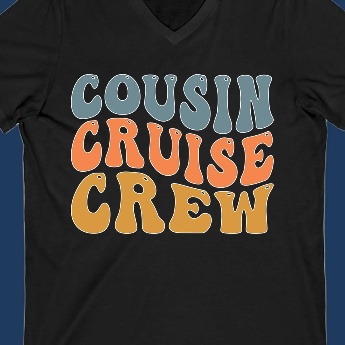 Colorful stacked text reading 'Cousin Cruise Crew' in teal, orange, and gold letters with nautical porthole details