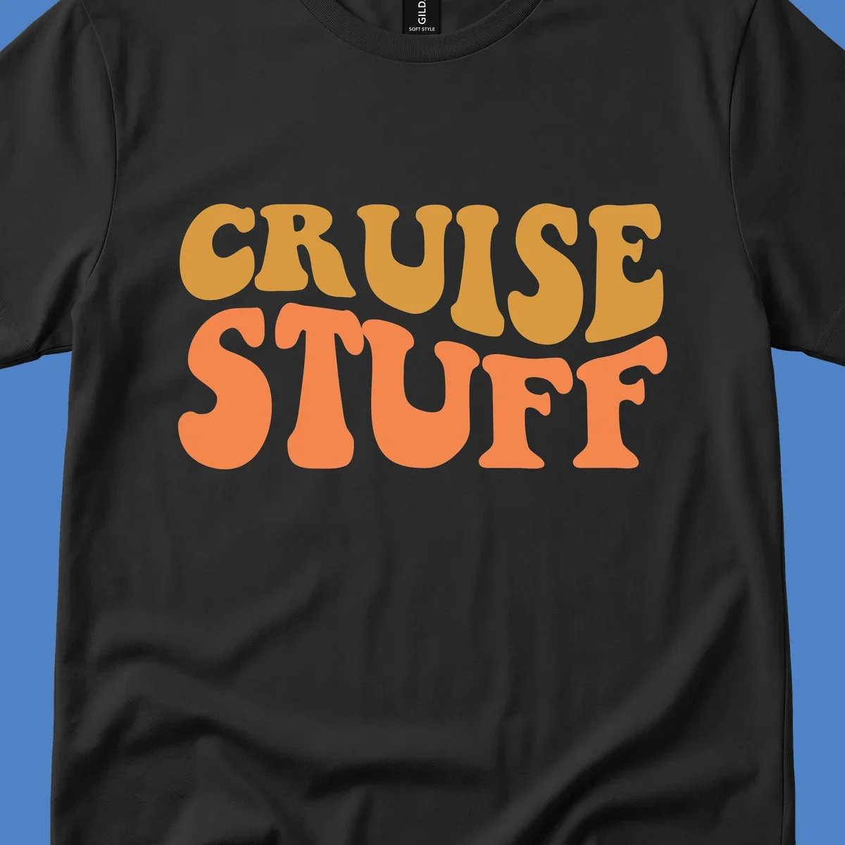 Bold 'CRUISE STUFF' text design in gold and orange lettering on gray background