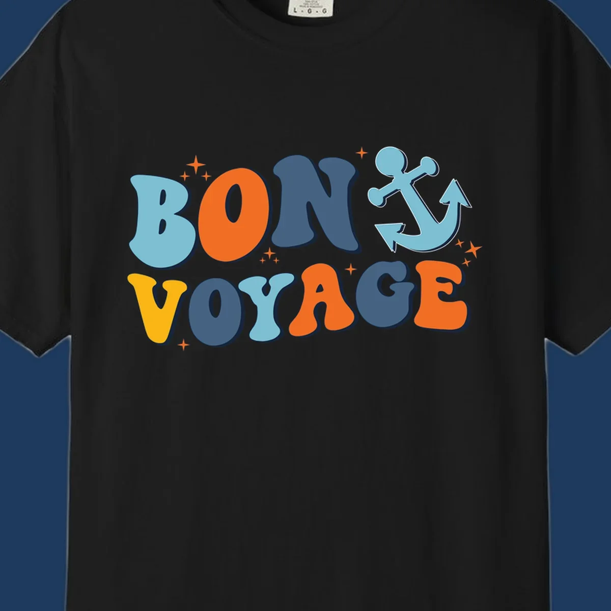Colorful 'Bon Voyage' text with anchor and stars on gray background, nautical cruise design
