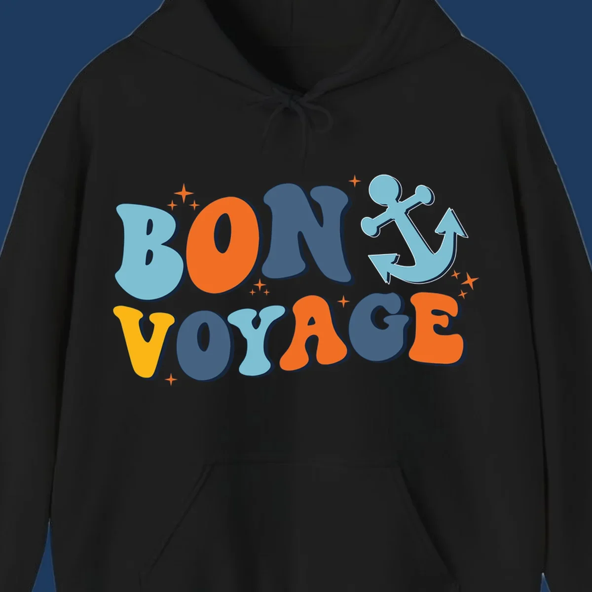 Colorful 'Bon Voyage' text with anchor and stars on gray background, nautical cruise design