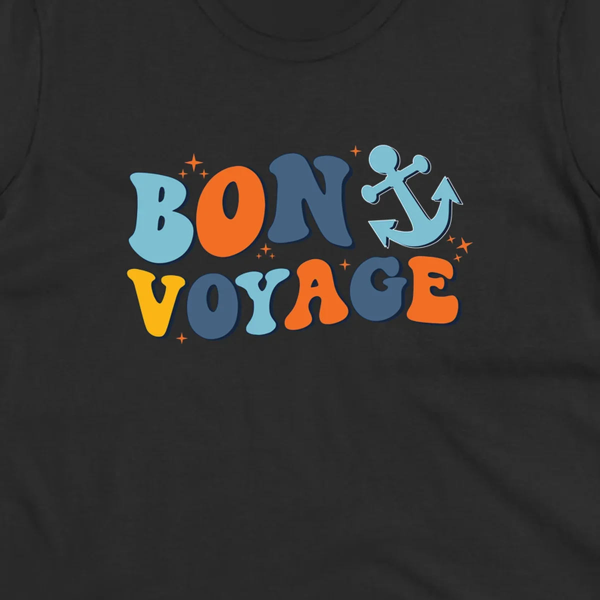 Colorful 'Bon Voyage' text with anchor and stars on gray background, nautical cruise design