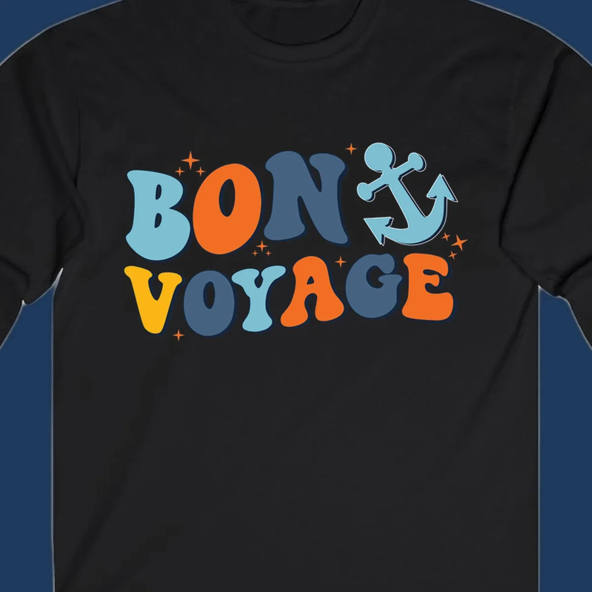 Colorful 'Bon Voyage' text with anchor and stars on gray background, nautical cruise design