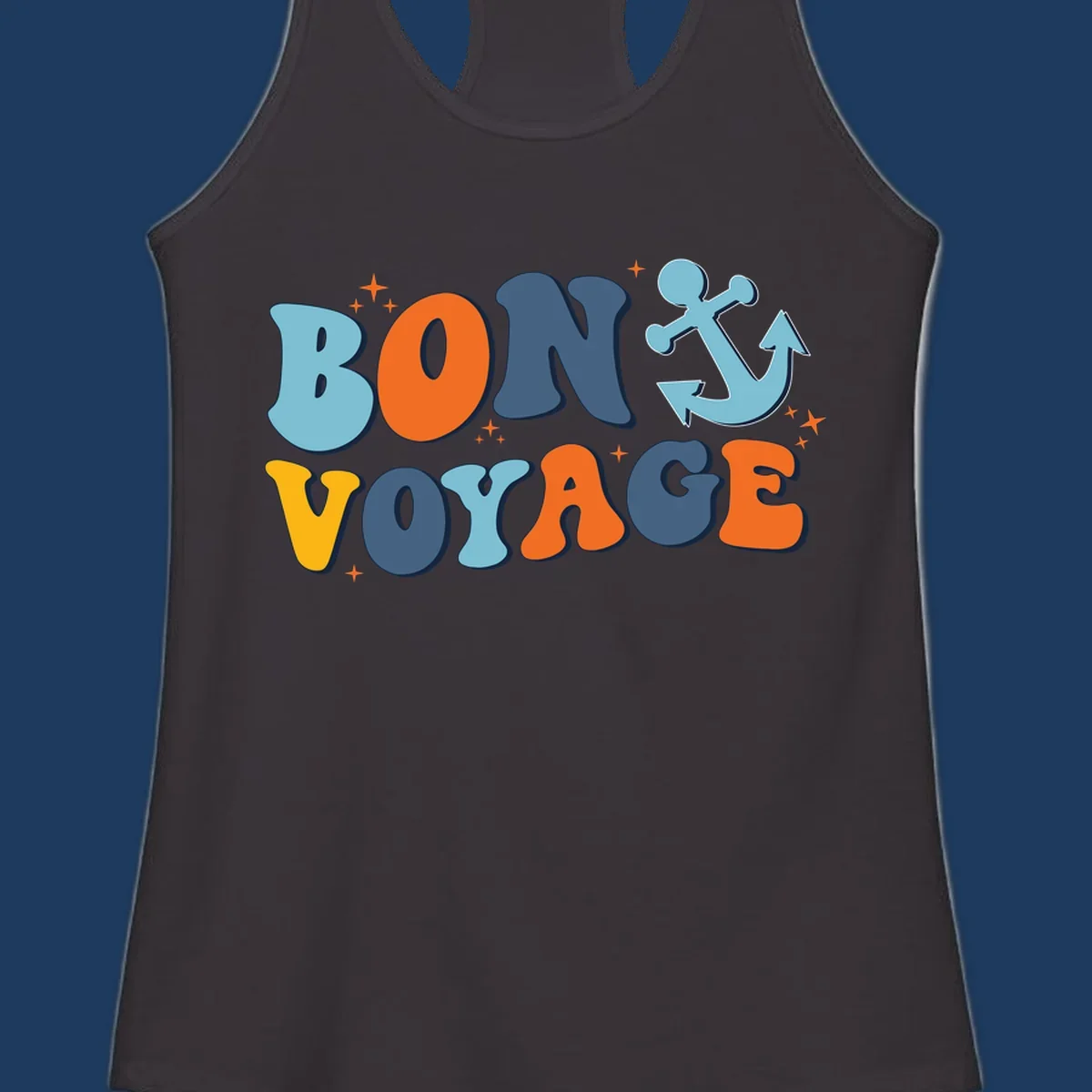 Colorful 'Bon Voyage' text with anchor and stars on gray background, nautical cruise design