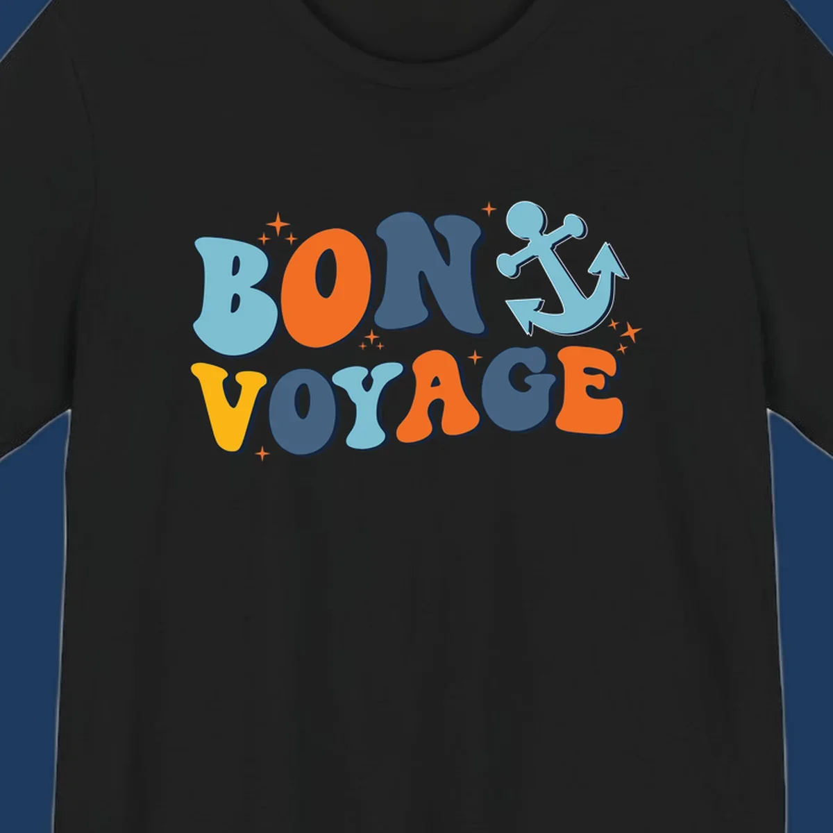 Colorful 'Bon Voyage' text with anchor and stars on gray background, nautical cruise design