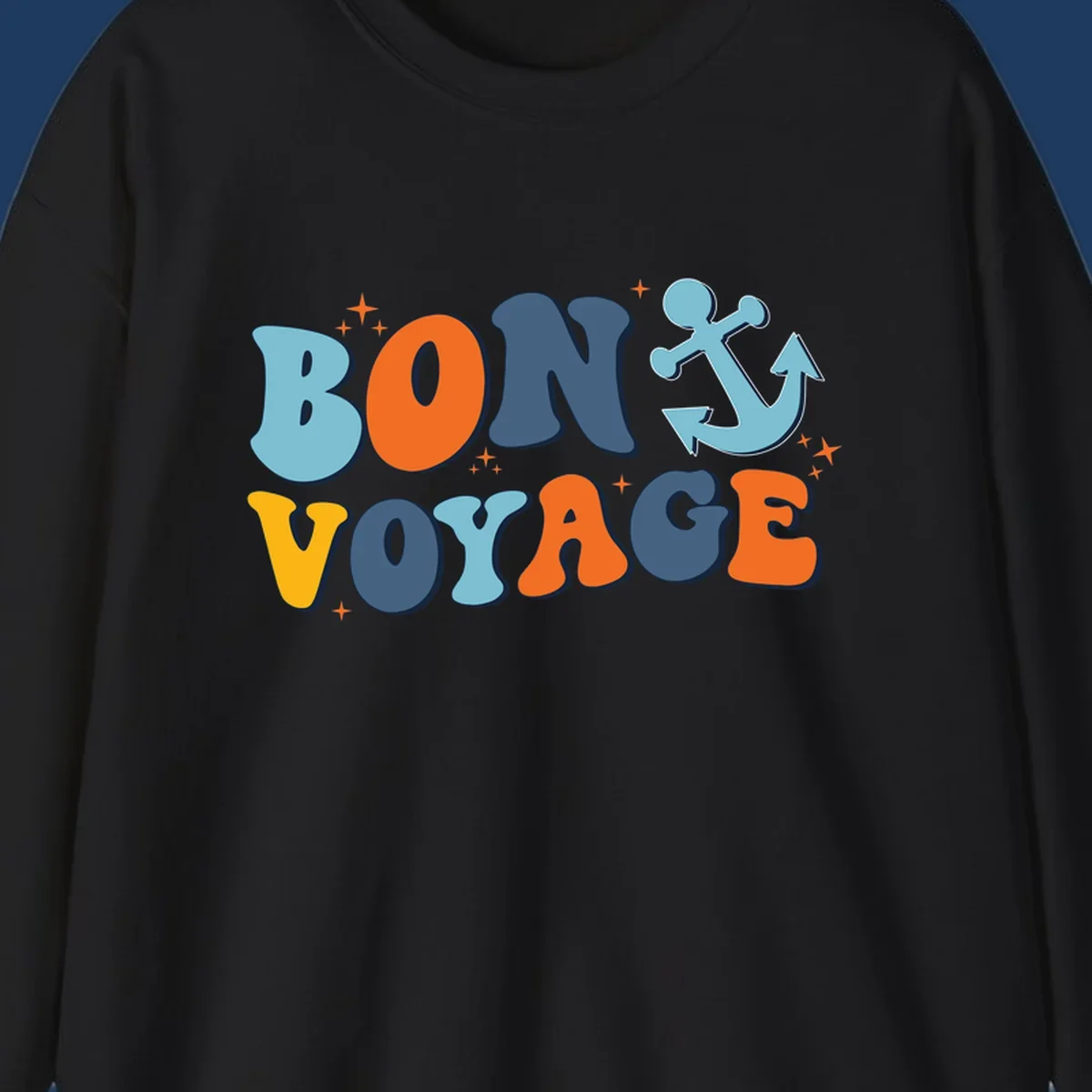 Colorful 'Bon Voyage' text with anchor and stars on gray background, nautical cruise design