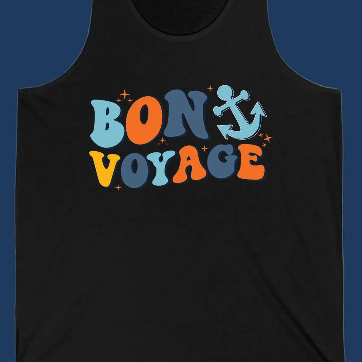 Colorful 'Bon Voyage' text with anchor and stars on gray background, nautical cruise design