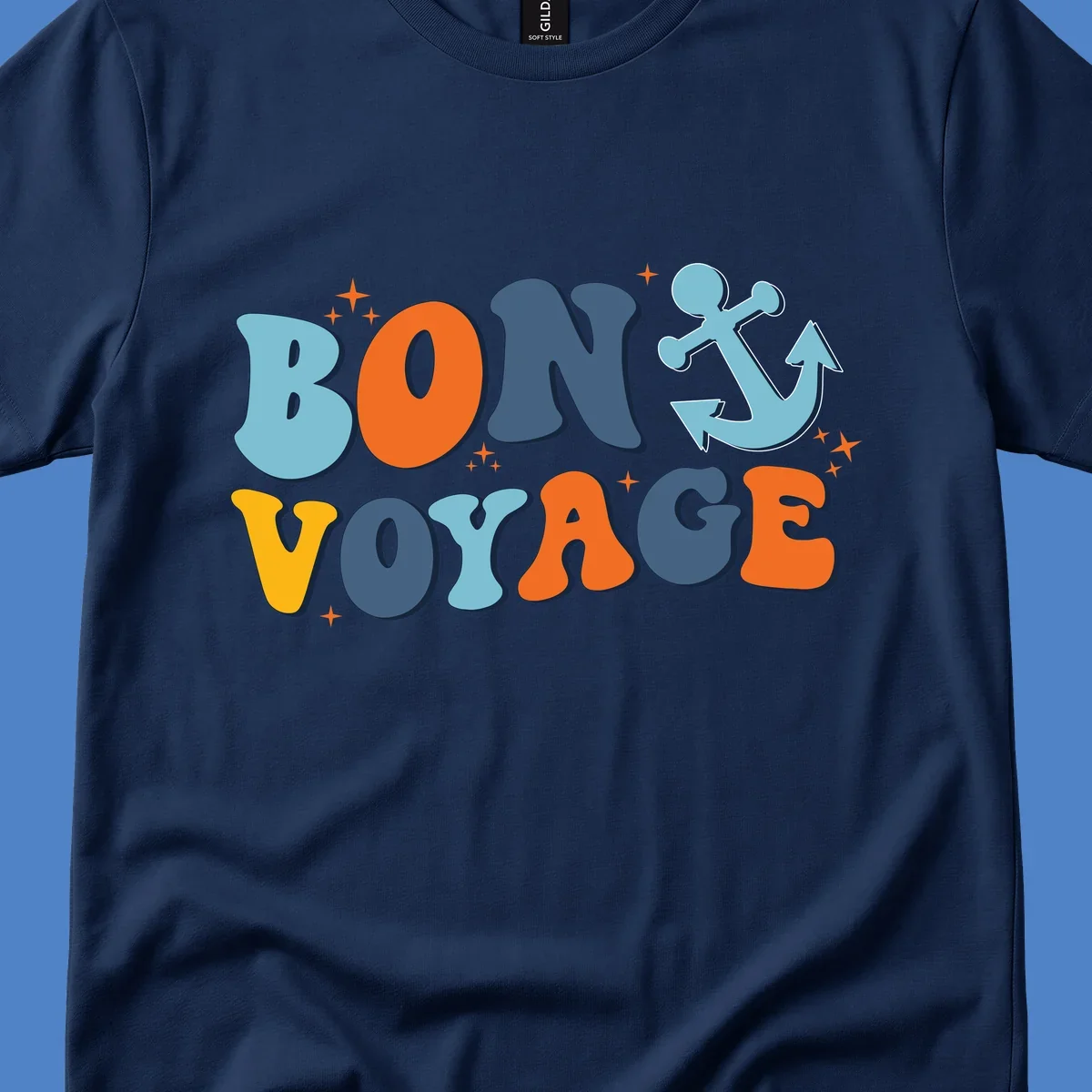 Colorful 'Bon Voyage' text with anchor and stars on gray background, nautical cruise design
