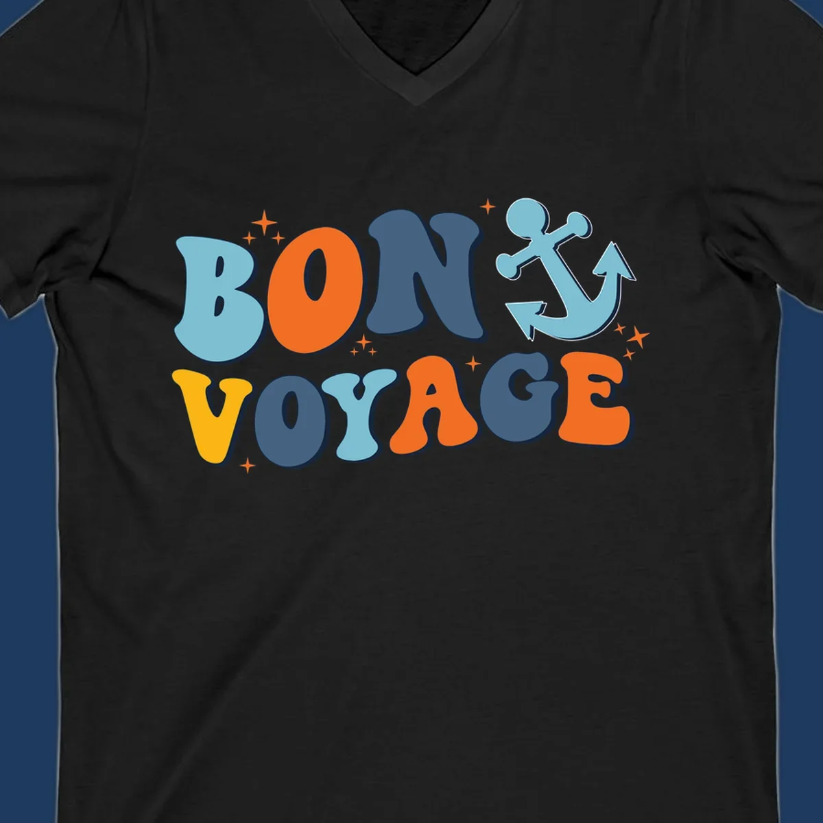 Colorful 'Bon Voyage' text with anchor and stars on gray background, nautical cruise design