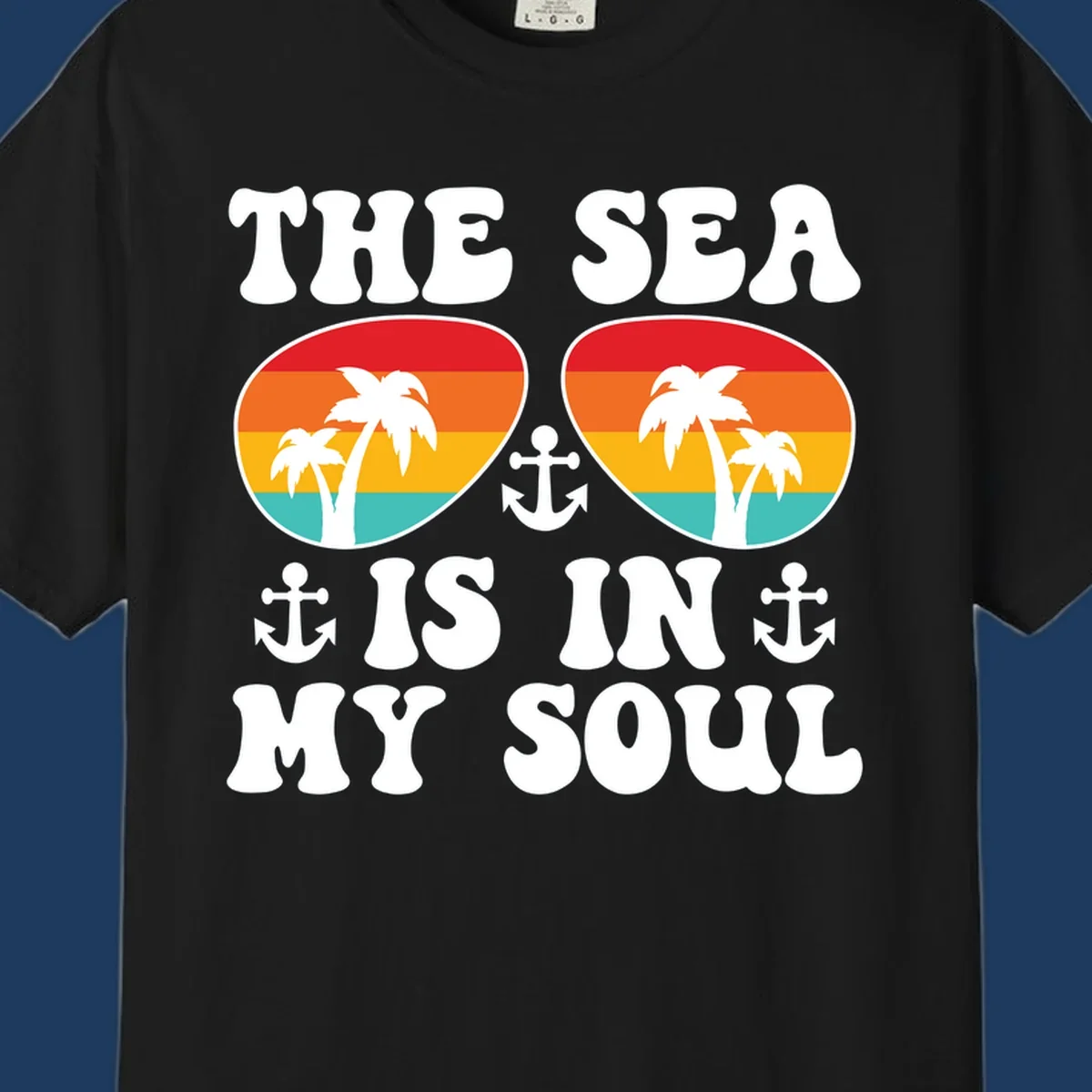 Sea in my soul cruise design with retro sunglasses filled with tropical sunset colors, palm trees, and anchor symbols