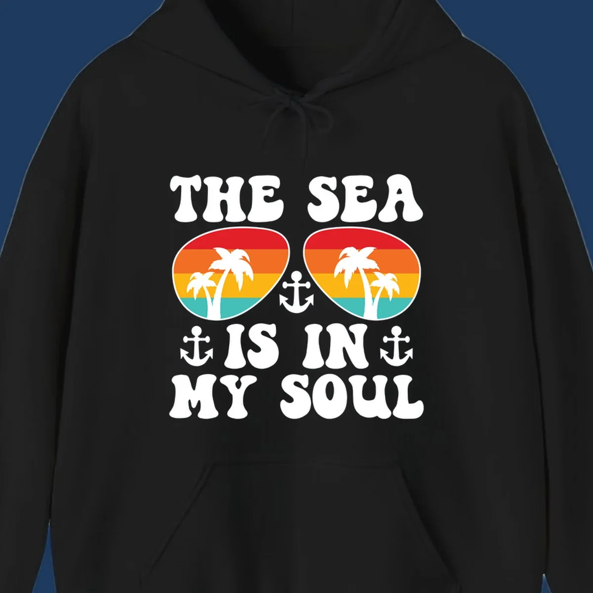 Sea in my soul cruise design with retro sunglasses filled with tropical sunset colors, palm trees, and anchor symbols