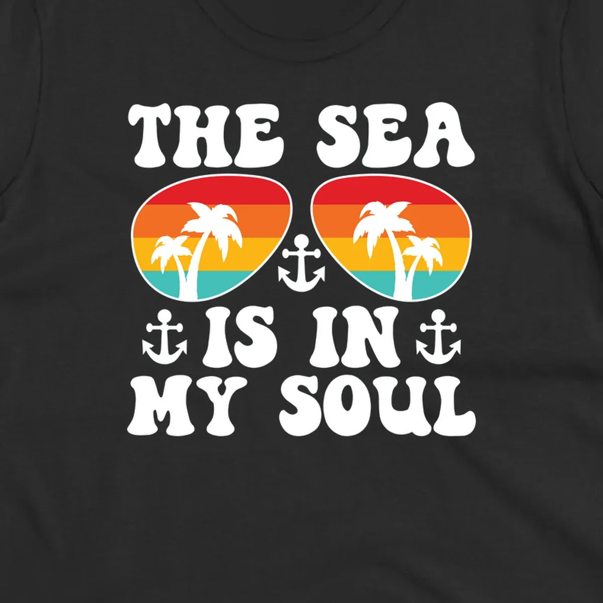 Sea in my soul cruise design with retro sunglasses filled with tropical sunset colors, palm trees, and anchor symbols